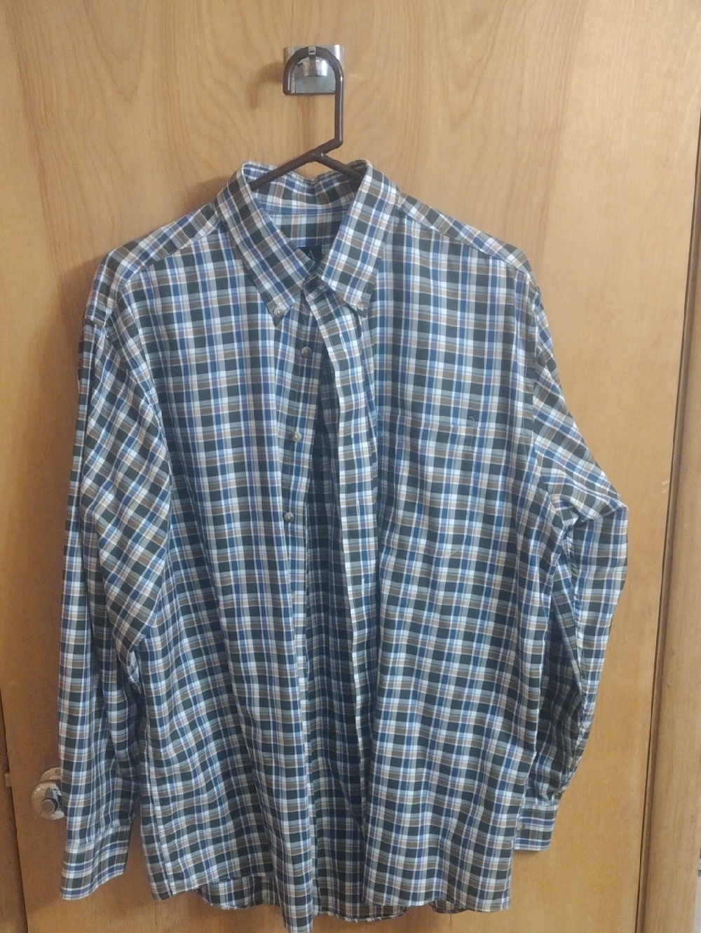 Jos. A. Bank Men's Blue, White, Green, and Tan Plaid Button-Down Shirt Size L